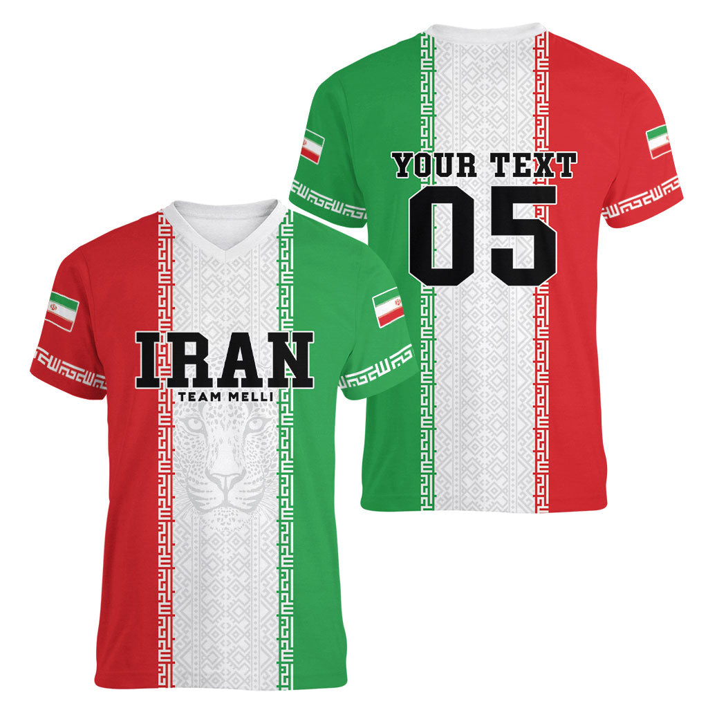 Custom Iran Football 2026 Women V-Neck T-Shirt Go Team Melli Flag Style