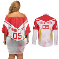Custom Japan Rugby 2024 Couples Matching Off Shoulder Short Dress and Long Sleeve Button Shirt Go Cherry Blossoms LT05 - Wonder Print Shop