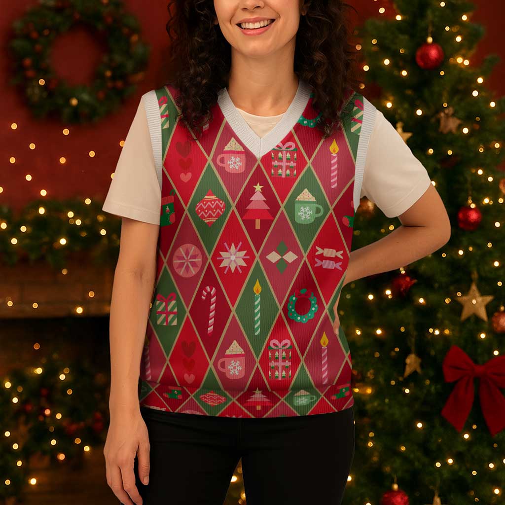 Red Argyle Christmas Pattern Christmas Knitted V-Neck Vest - Wonder Print Shop