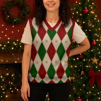 Red And Green Christmas Argyle Pattern Christmas Knitted V-Neck Vest - Wonder Print Shop