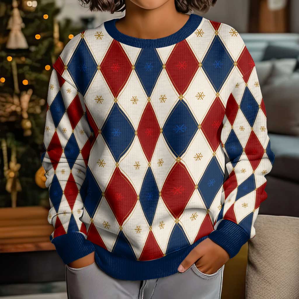 Blue And Red Christmas Argyle Pattern Kid Ugly Christmas Sweater - Wonder Print Shop