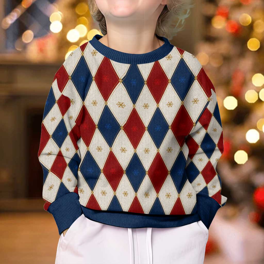 Blue And Red Christmas Argyle Pattern Kid Ugly Christmas Sweater - Wonder Print Shop