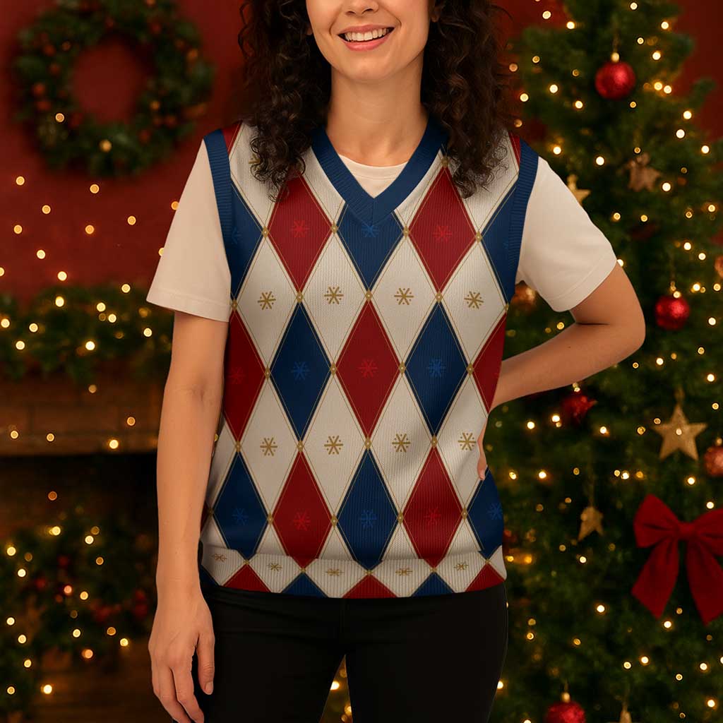 Blue And Red Christmas Argyle Pattern Christmas Knitted V-Neck Vest - Wonder Print Shop