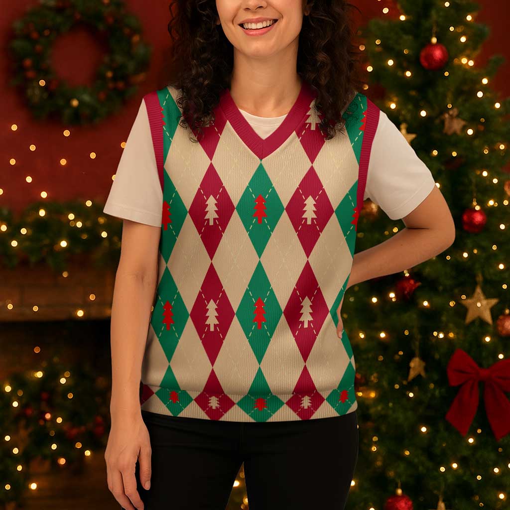 Green And Red Diamond Christmas Pattern Christmas Knitted V-Neck Vest - Wonder Print Shop