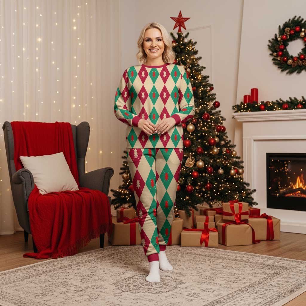 Green And Red Diamond Christmas Pattern Christmas Pajama Set - Wonder Print Shop