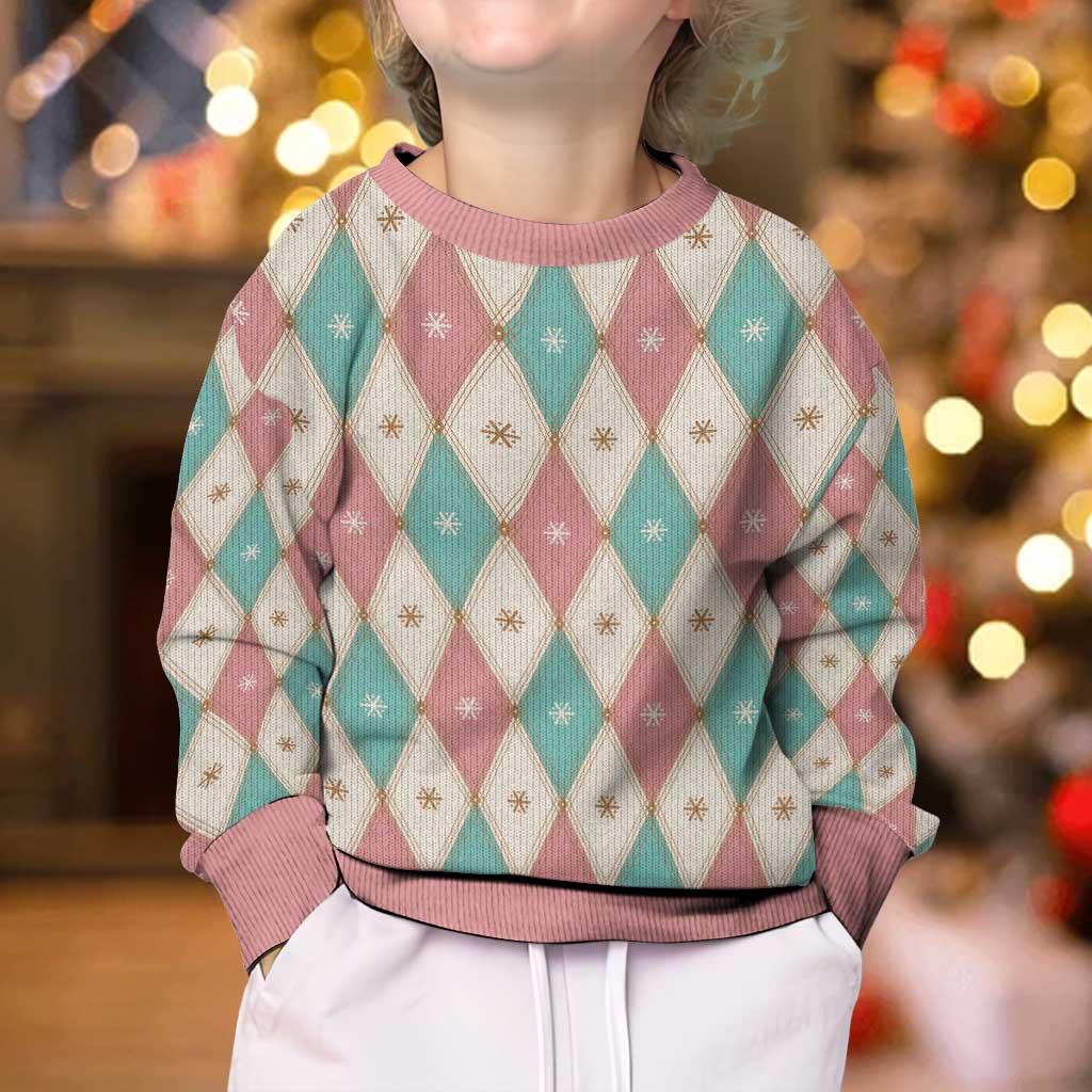 Pastel Snowflake Christmas Argyle Pattern Kid Ugly Christmas Sweater - Wonder Print Shop