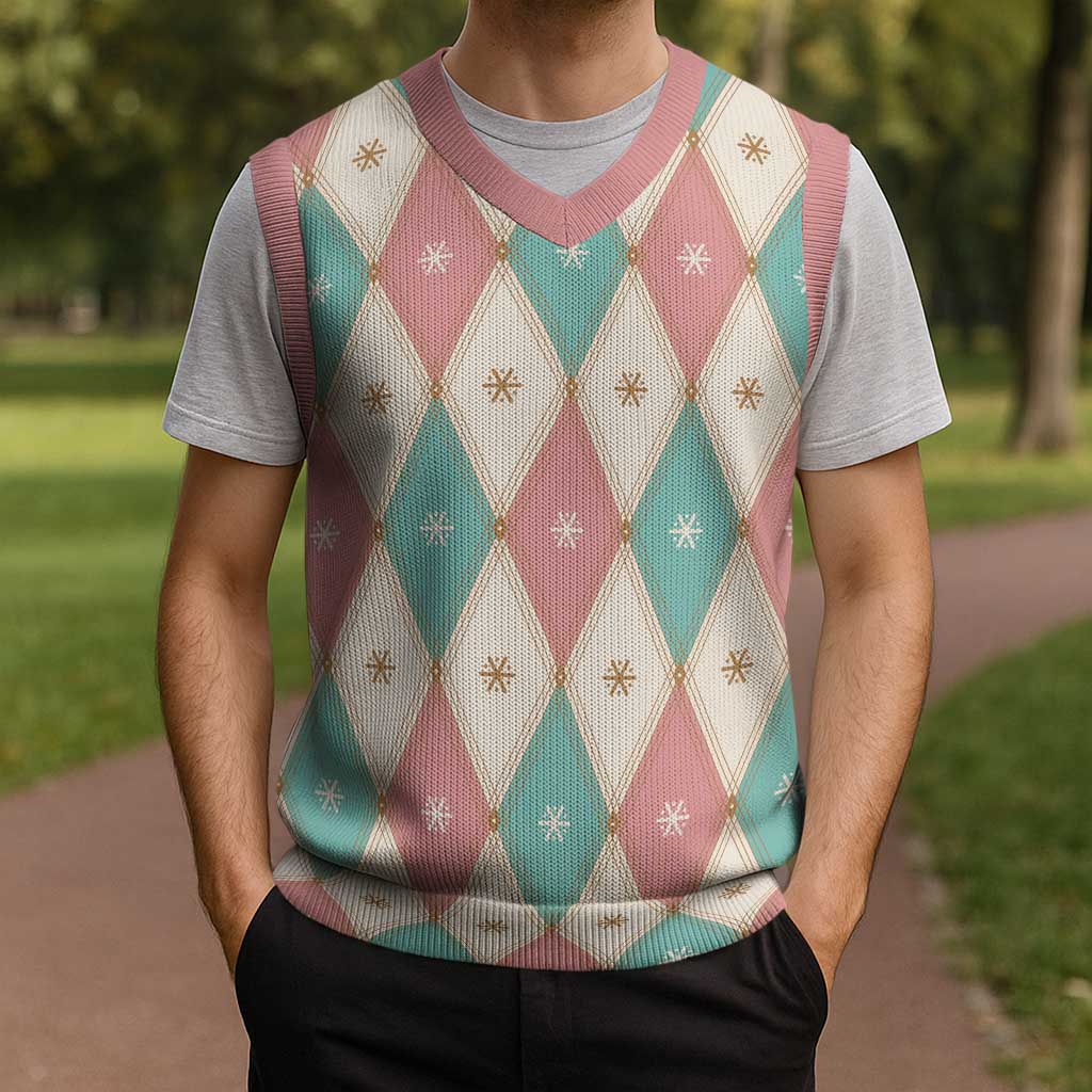 Pastel Snowflake Christmas Argyle Pattern Christmas Knitted V-Neck Vest - Wonder Print Shop