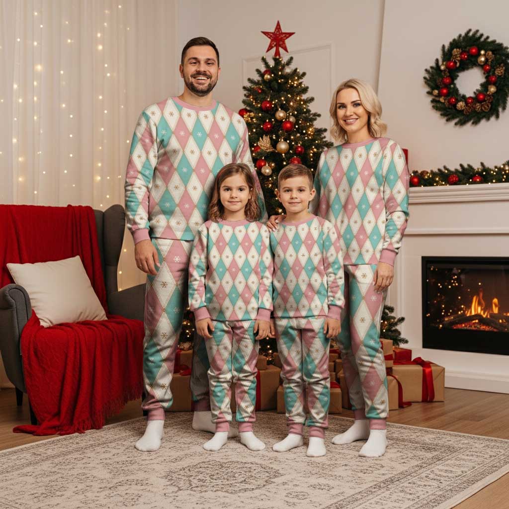 Pastel Snowflake Christmas Argyle Pattern Christmas Pajama Set - Wonder Print Shop