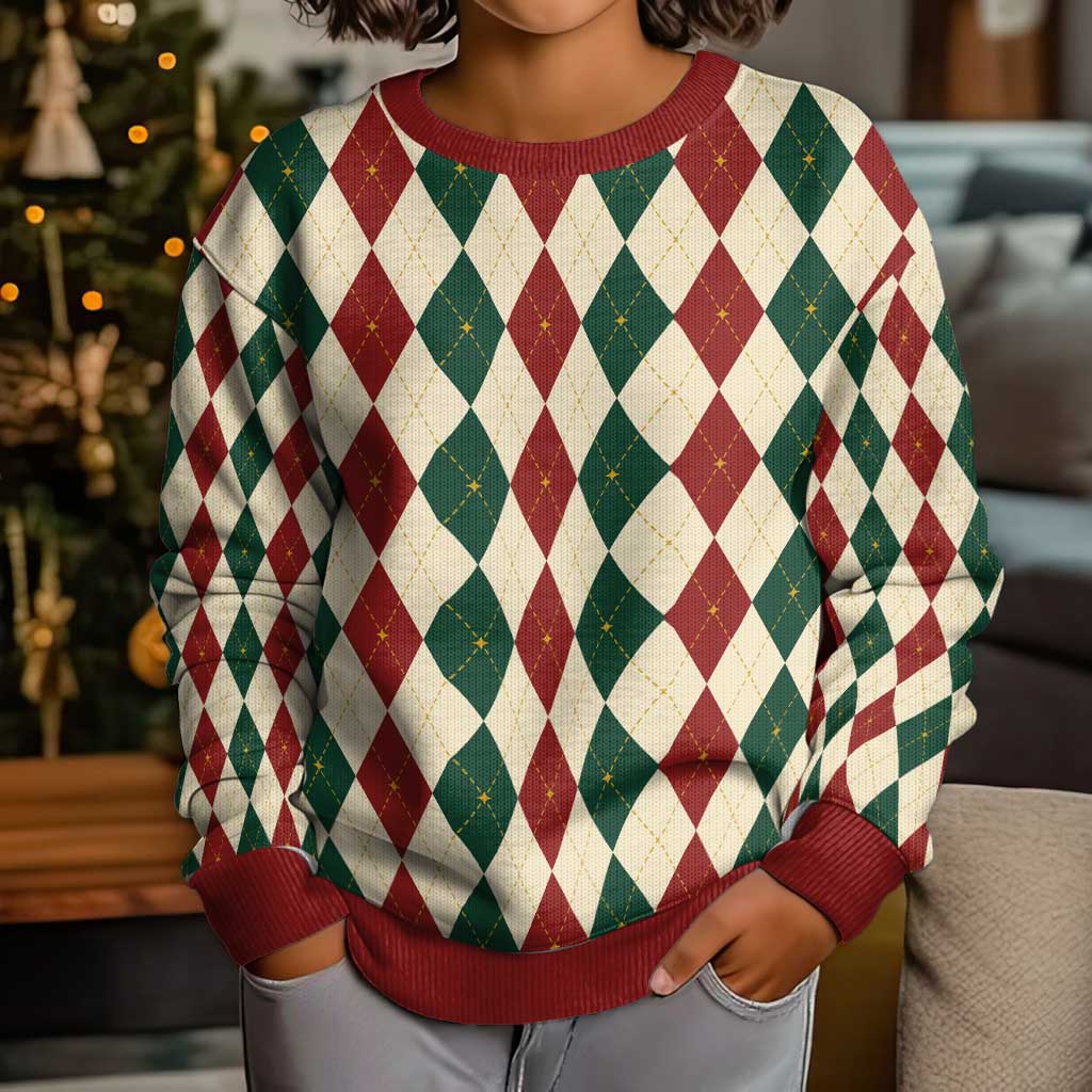 Red Green Harlequin Diamond Christmas Pattern Kid Ugly Christmas Sweater - Wonder Print Shop