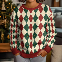 Red Green Harlequin Diamond Christmas Pattern Kid Ugly Christmas Sweater - Wonder Print Shop