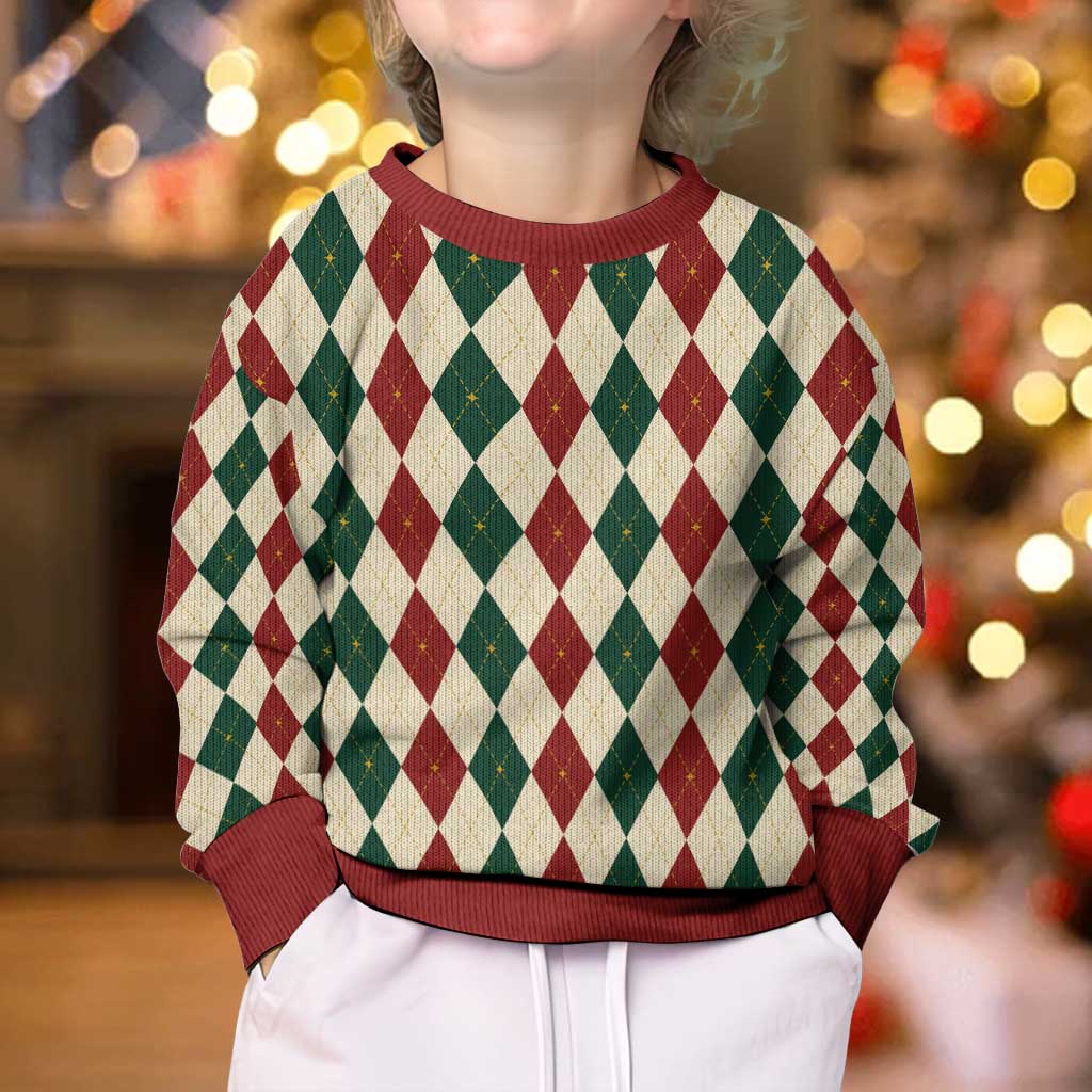 Red Green Harlequin Diamond Christmas Pattern Kid Ugly Christmas Sweater - Wonder Print Shop