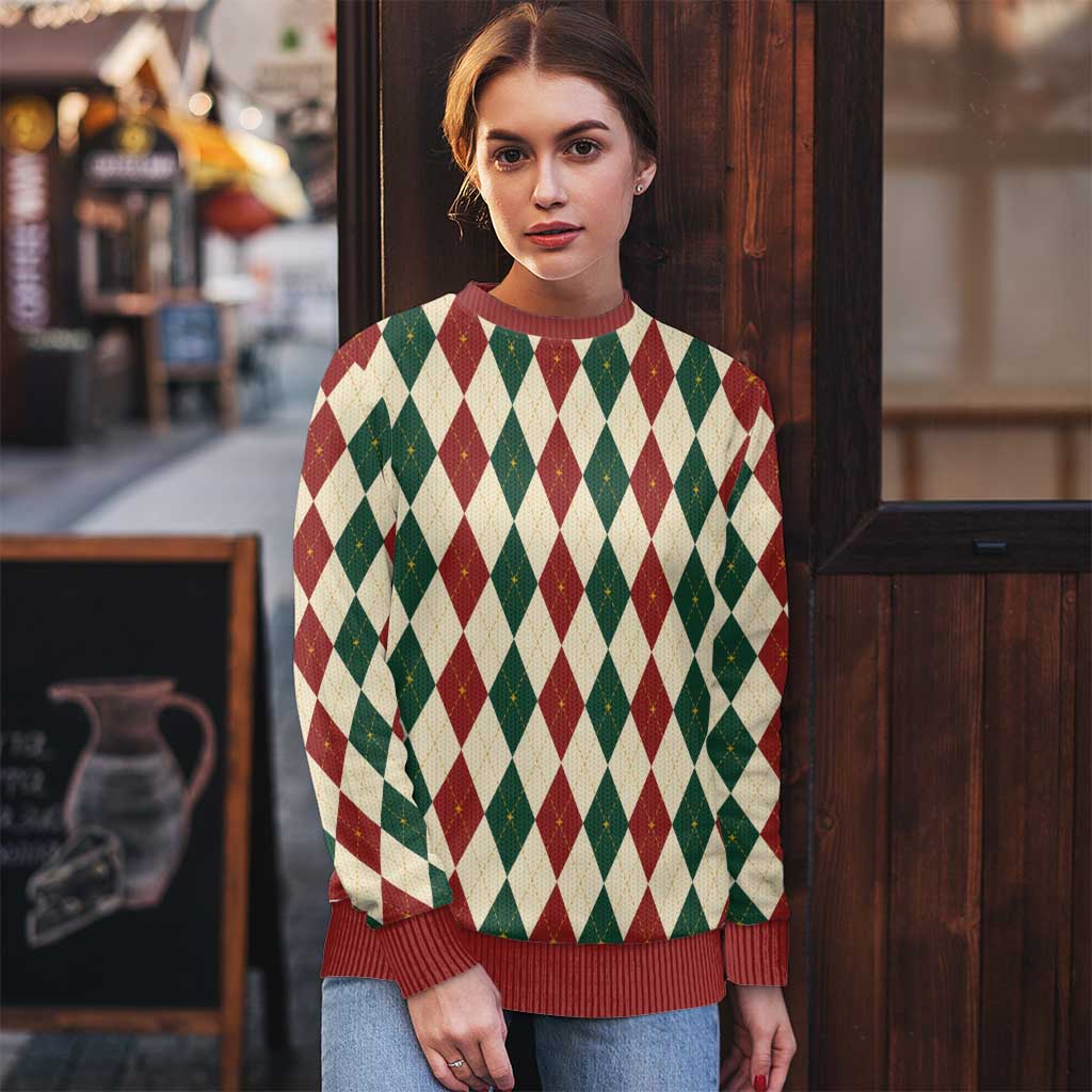 Red Green Harlequin Diamond Christmas Pattern Ugly Christmas Sweater - Wonder Print Shop