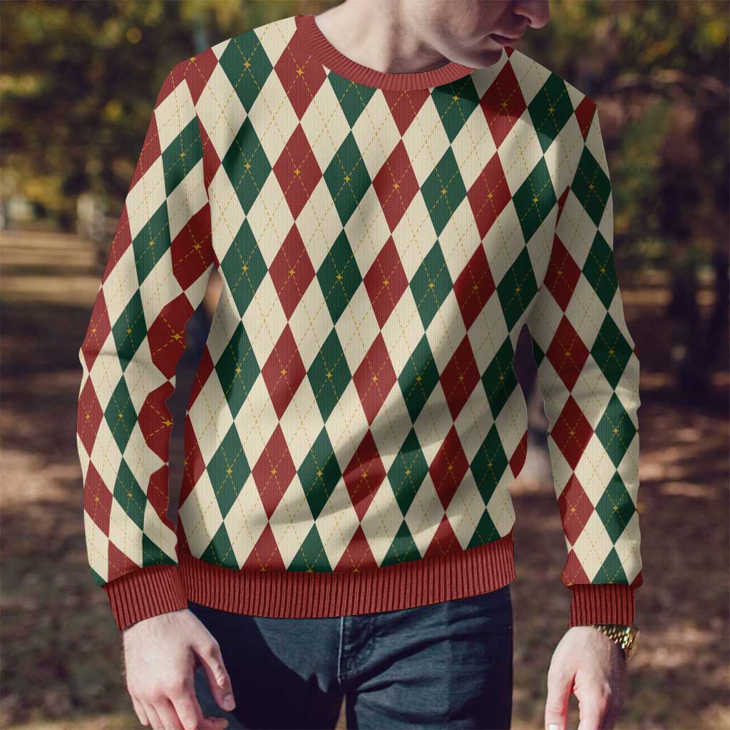 Red Green Harlequin Diamond Christmas Pattern Ugly Christmas Sweater - Wonder Print Shop