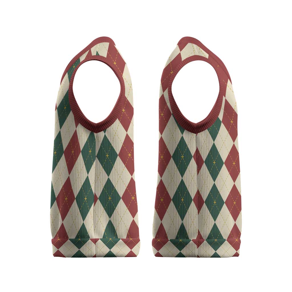 Red Green Harlequin Diamond Christmas Pattern Christmas Knitted V-Neck Vest - Wonder Print Shop