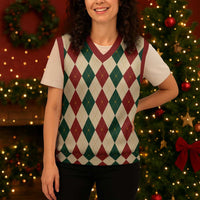 Red Green Harlequin Diamond Christmas Pattern Christmas Knitted V-Neck Vest - Wonder Print Shop