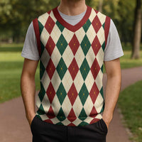 Red Green Harlequin Diamond Christmas Pattern Christmas Knitted V-Neck Vest - Wonder Print Shop