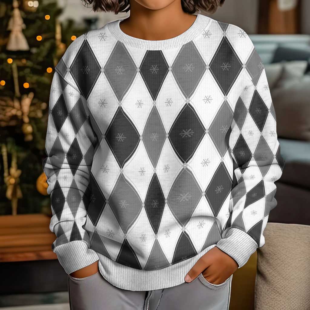 Black White Snowflake Christmas Argyle Pattern Kid Ugly Christmas Sweater - Wonder Print Shop