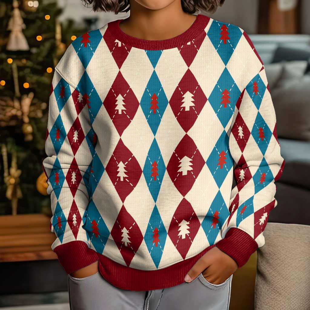 Blue And Red Diamond Christmas Pattern Kid Ugly Christmas Sweater - Wonder Print Shop