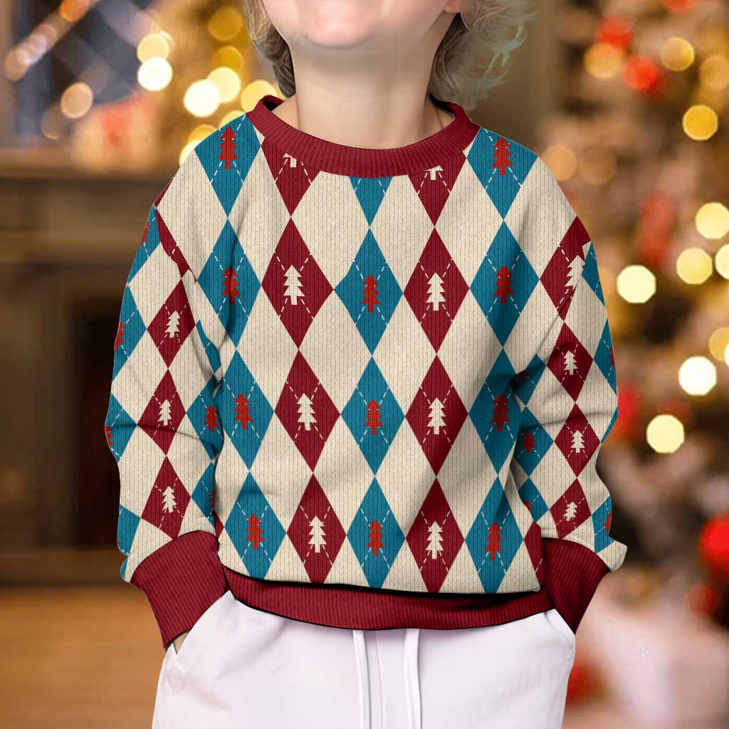 Blue And Red Diamond Christmas Pattern Kid Ugly Christmas Sweater - Wonder Print Shop