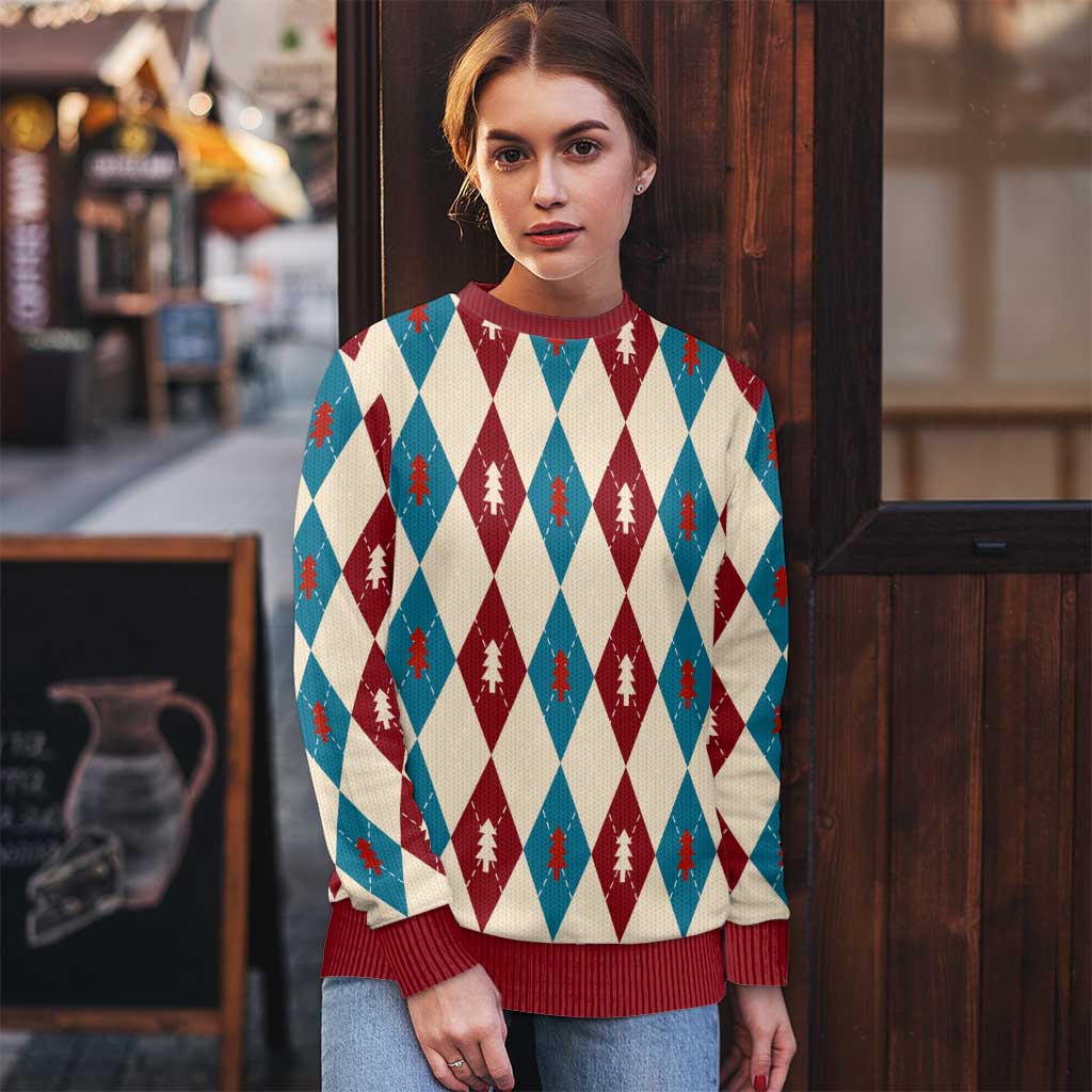 Blue And Red Diamond Christmas Pattern Ugly Christmas Sweater - Wonder Print Shop