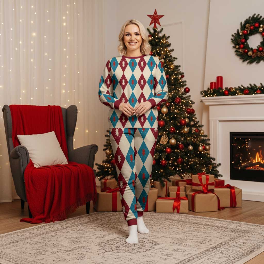Blue And Red Diamond Christmas Pattern Christmas Pajama Set - Wonder Print Shop