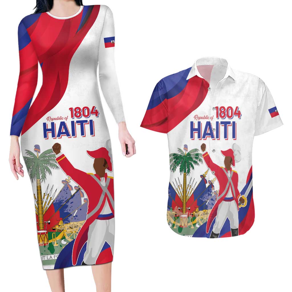 Personalised Haiti 221st Anniversary Independence Day Couples Matching Long Sleeve Bodycon Dress and Hawaiian Shirt LT05 - Wonder Print Shop