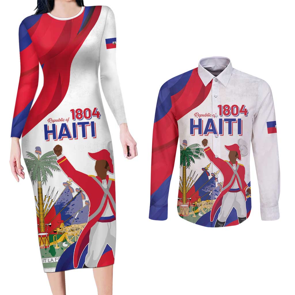 Personalised Haiti 221st Anniversary Independence Day Couples Matching Long Sleeve Bodycon Dress and Long Sleeve Button Shirt LT05 - Wonder Print Shop