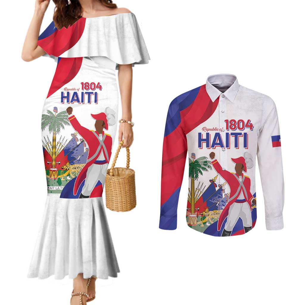 Personalised Haiti 221st Anniversary Independence Day Couples Matching Mermaid Dress and Long Sleeve Button Shirt
