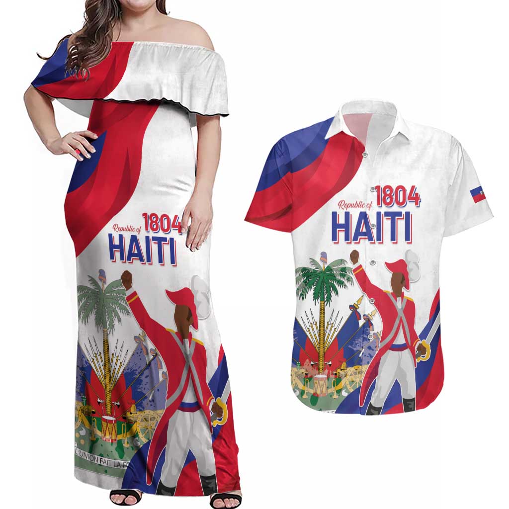 Personalised Haiti 221st Anniversary Independence Day Couples Matching Off Shoulder Maxi Dress and Hawaiian Shirt LT05 - Wonder Print Shop
