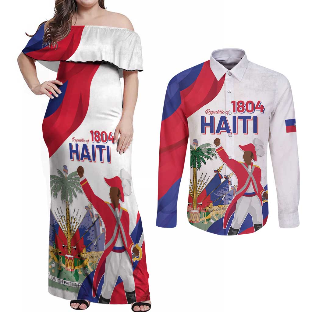 Personalised Haiti 221st Anniversary Independence Day Couples Matching Off Shoulder Maxi Dress and Long Sleeve Button Shirt LT05 - Wonder Print Shop
