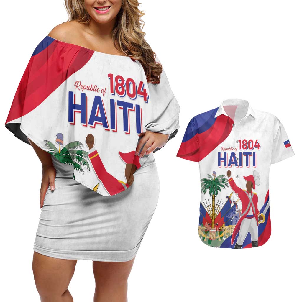 Personalised Haiti 221st Anniversary Independence Day Couples Matching Off Shoulder Short Dress and Hawaiian Shirt LT05 - Wonder Print Shop