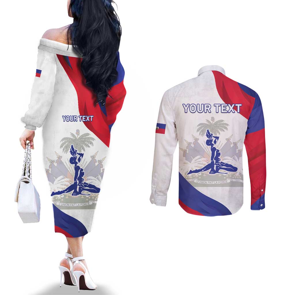 Personalised Haiti 221st Anniversary Independence Day Couples Matching Off The Shoulder Long Sleeve Dress and Long Sleeve Button Shirt
