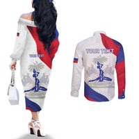 Personalised Haiti 221st Anniversary Independence Day Couples Matching Off The Shoulder Long Sleeve Dress and Long Sleeve Button Shirt