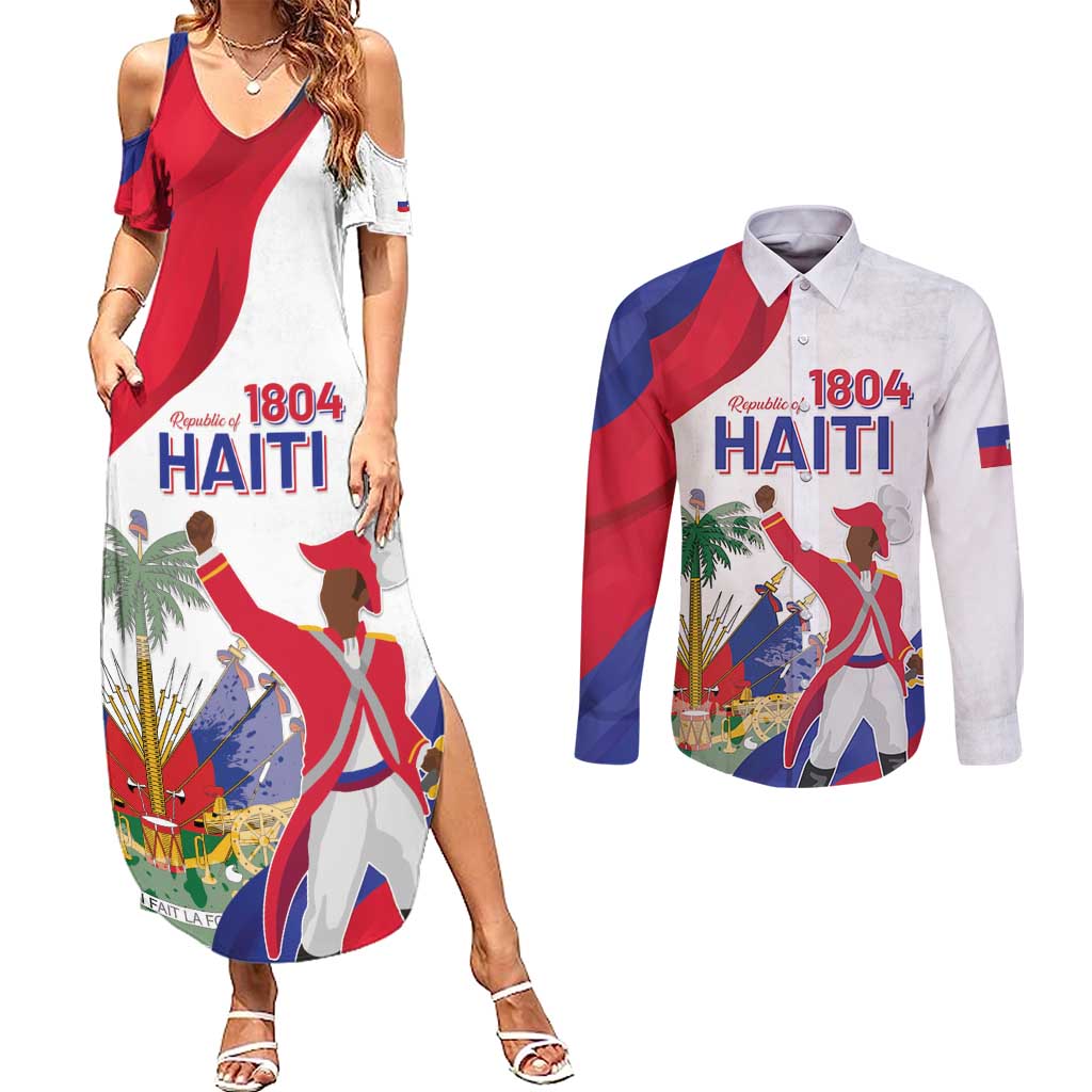 Personalised Haiti 221st Anniversary Independence Day Couples Matching Summer Maxi Dress and Long Sleeve Button Shirt LT05 - Wonder Print Shop