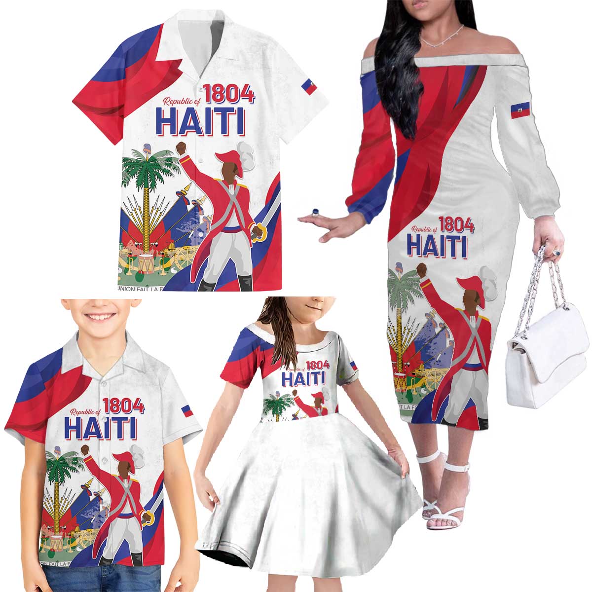 Personalised Haiti 221st Anniversary Independence Day Family Matching Off The Shoulder Long Sleeve Dress and Hawaiian Shirt LT05 - Wonder Print Shop