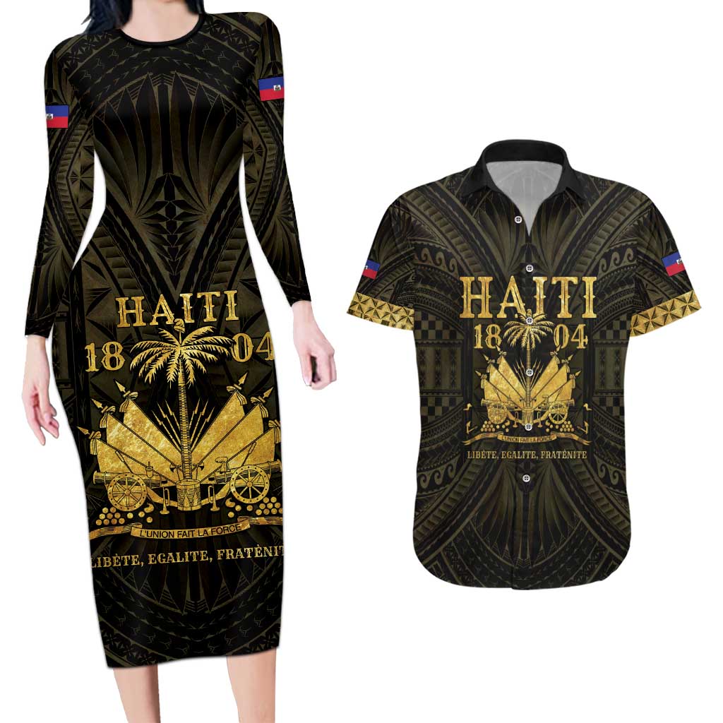 Haiti 1804 Couples Matching Long Sleeve Bodycon Dress and Hawaiian Shirt Polynesian Gold Neg Maron LT05 - Wonder Print Shop