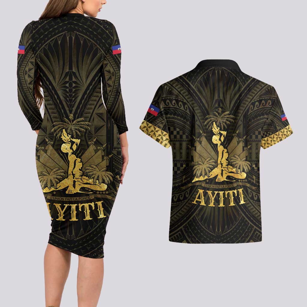 Haiti 1804 Couples Matching Long Sleeve Bodycon Dress and Hawaiian Shirt Polynesian Gold Neg Maron LT05 - Wonder Print Shop