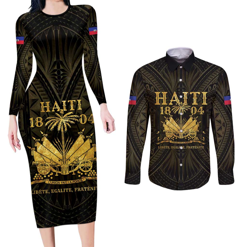 Haiti 1804 Couples Matching Long Sleeve Bodycon Dress and Long Sleeve Button Shirt Polynesian Gold Neg Maron LT05 - Wonder Print Shop