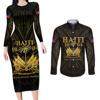 Haiti 1804 Couples Matching Long Sleeve Bodycon Dress and Long Sleeve Button Shirt Polynesian Gold Neg Maron LT05 - Wonder Print Shop