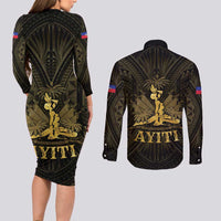 Haiti 1804 Couples Matching Long Sleeve Bodycon Dress and Long Sleeve Button Shirt Polynesian Gold Neg Maron LT05 - Wonder Print Shop