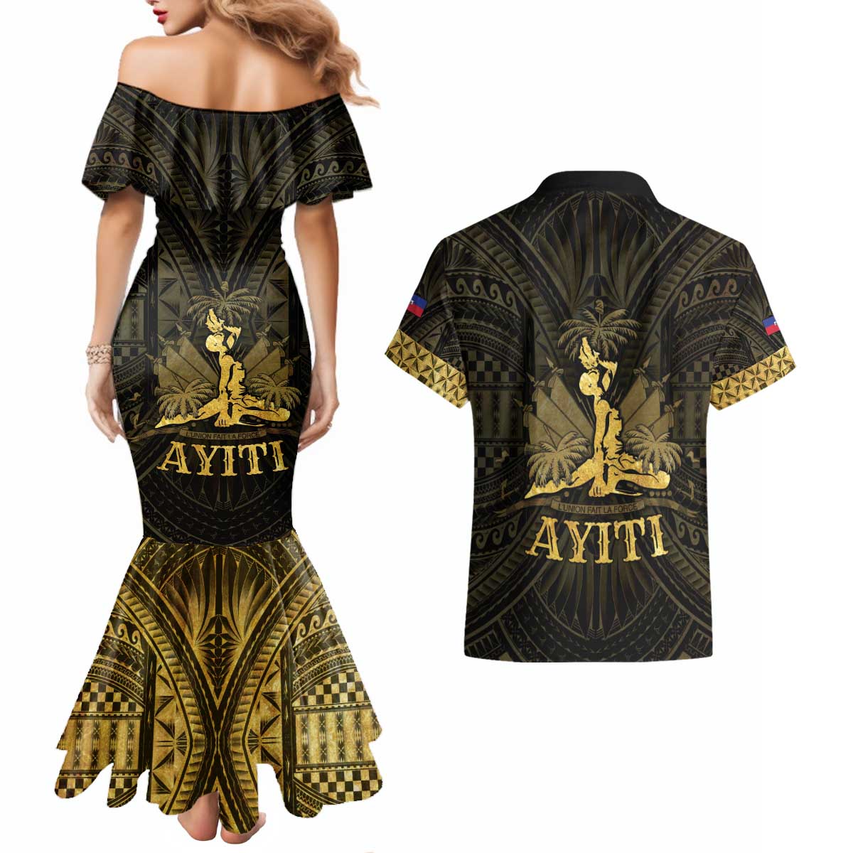 Haiti 1804 Couples Matching Mermaid Dress and Hawaiian Shirt Polynesian Gold Neg Maron LT05 - Wonder Print Shop