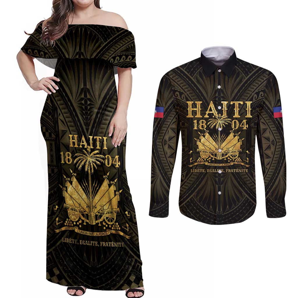 Haiti 1804 Couples Matching Off Shoulder Maxi Dress and Long Sleeve Button Shirt Polynesian Gold Neg Maron LT05 - Wonder Print Shop