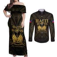 Haiti 1804 Couples Matching Off Shoulder Maxi Dress and Long Sleeve Button Shirt Polynesian Gold Neg Maron LT05 - Wonder Print Shop