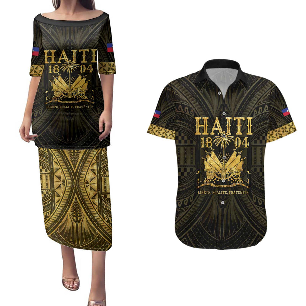 Haiti 1804 Couples Matching Puletasi and Hawaiian Shirt Polynesian Gold Neg Maron LT05 - Wonder Print Shop