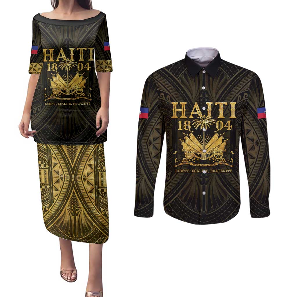 Haiti 1804 Couples Matching Puletasi and Long Sleeve Button Shirt Polynesian Gold Neg Maron LT05 - Wonder Print Shop
