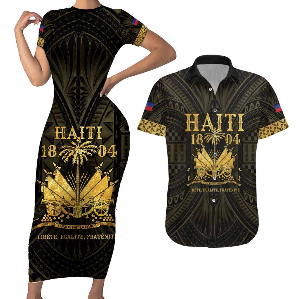 Haiti 1804 Couples Matching Short Sleeve Bodycon Dress and Hawaiian Shirt Polynesian Gold Neg Maron LT05 - Wonder Print Shop
