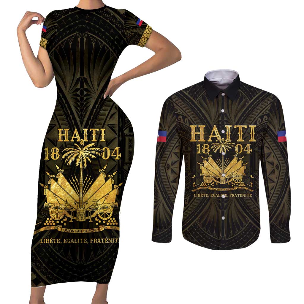 Haiti 1804 Couples Matching Short Sleeve Bodycon Dress and Long Sleeve Button Shirt Polynesian Gold Neg Maron LT05 - Wonder Print Shop