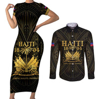 Haiti 1804 Couples Matching Short Sleeve Bodycon Dress and Long Sleeve Button Shirt Polynesian Gold Neg Maron LT05 - Wonder Print Shop