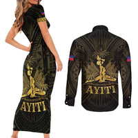 Haiti 1804 Couples Matching Short Sleeve Bodycon Dress and Long Sleeve Button Shirt Polynesian Gold Neg Maron LT05 - Wonder Print Shop