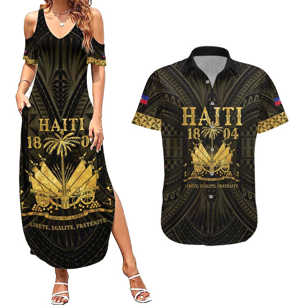 Haiti 1804 Couples Matching Summer Maxi Dress and Hawaiian Shirt Polynesian Gold Neg Maron LT05 - Wonder Print Shop